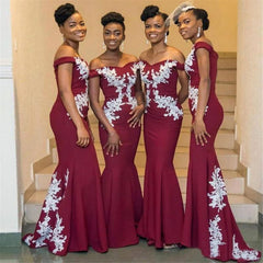 Cheap Burgundy Bridesmaid Dresses Off the Shoulder Appliques Long - MyChicDress