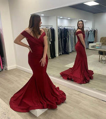 Cheap Burgundy Satin Formal Dresses Off the Shoulder 2025 Prom Dress MyChicDress