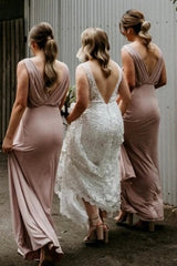 Cheap Chiffon Blush Pink Bridesmaid Dresses Sleeveless Deep V Neck MyChicDress