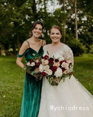 Cheap Emerald Green Velvet Bridesmaid Dresses 2025 Long Wedding Guest Dress MyChicDress