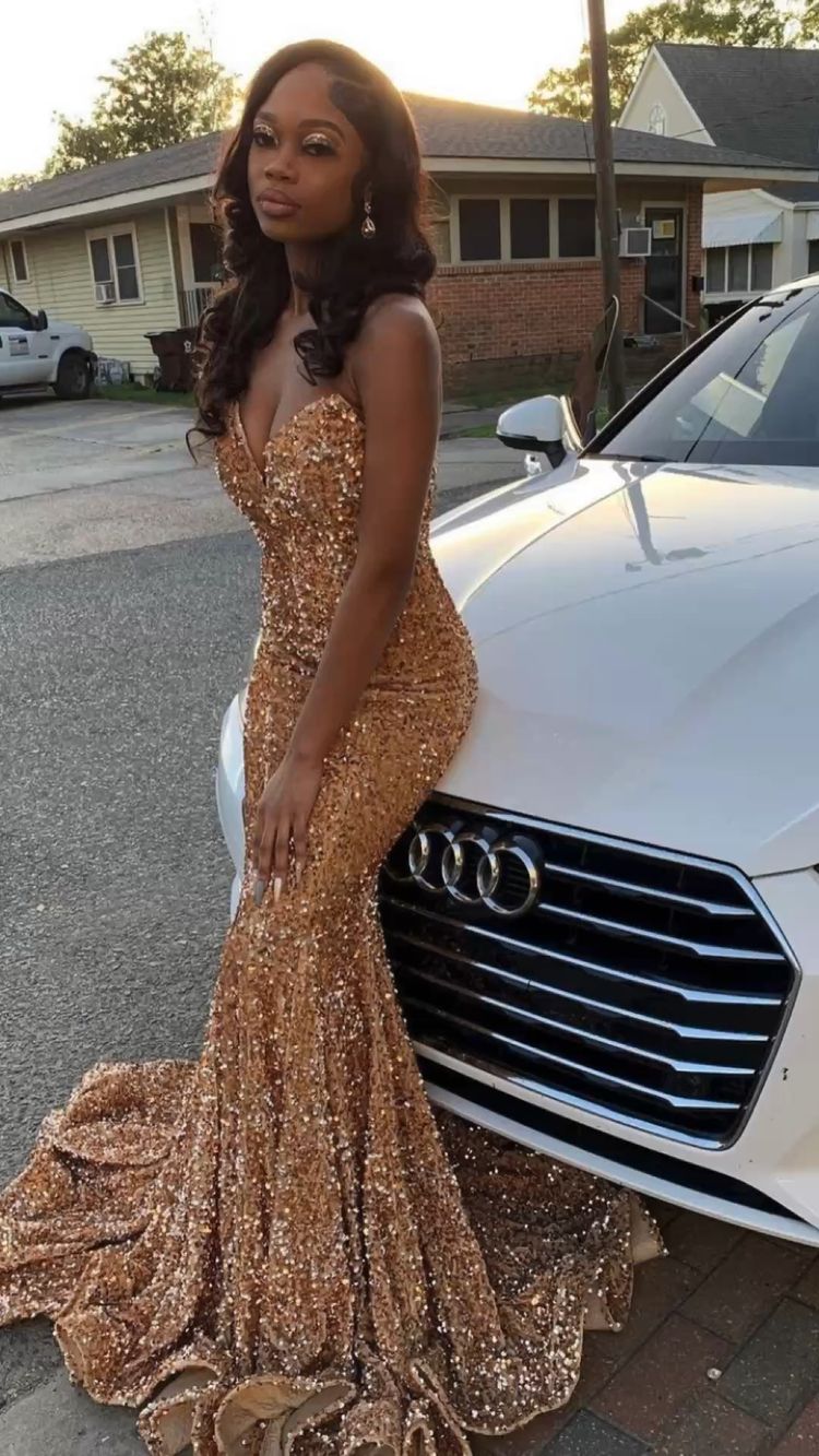 Cheap Gold Sequin Iridescent Prom Dresses 2025 Strapless Long Formal Dress MyChicDress