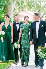 Cheap Green Sequin Bridesmaid Dresses Long Emerald Wedding Guests Dress Draped MyChicDress