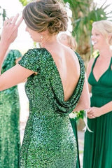 Cheap Green Sequin Bridesmaid Dresses Long Emerald Wedding Guests Dress Draped MyChicDress