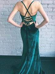 Cheap Green Velvet Prom Dresses Mermaid Spaghetti Straps Pleats With Side Split MyChicDress