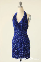 Cheap Halter Royal Blue Homecoming Dresses Mini Tight Sparkly Cocktail Dress MyChicDress