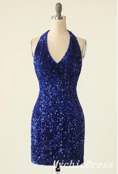 Cheap Halter Royal Blue Homecoming Dresses Mini Tight Sparkly Cocktail Dress MyChicDress