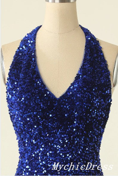 Cheap Halter Royal Blue Homecoming Dresses Mini Tight Sparkly Cocktail Dress MyChicDress