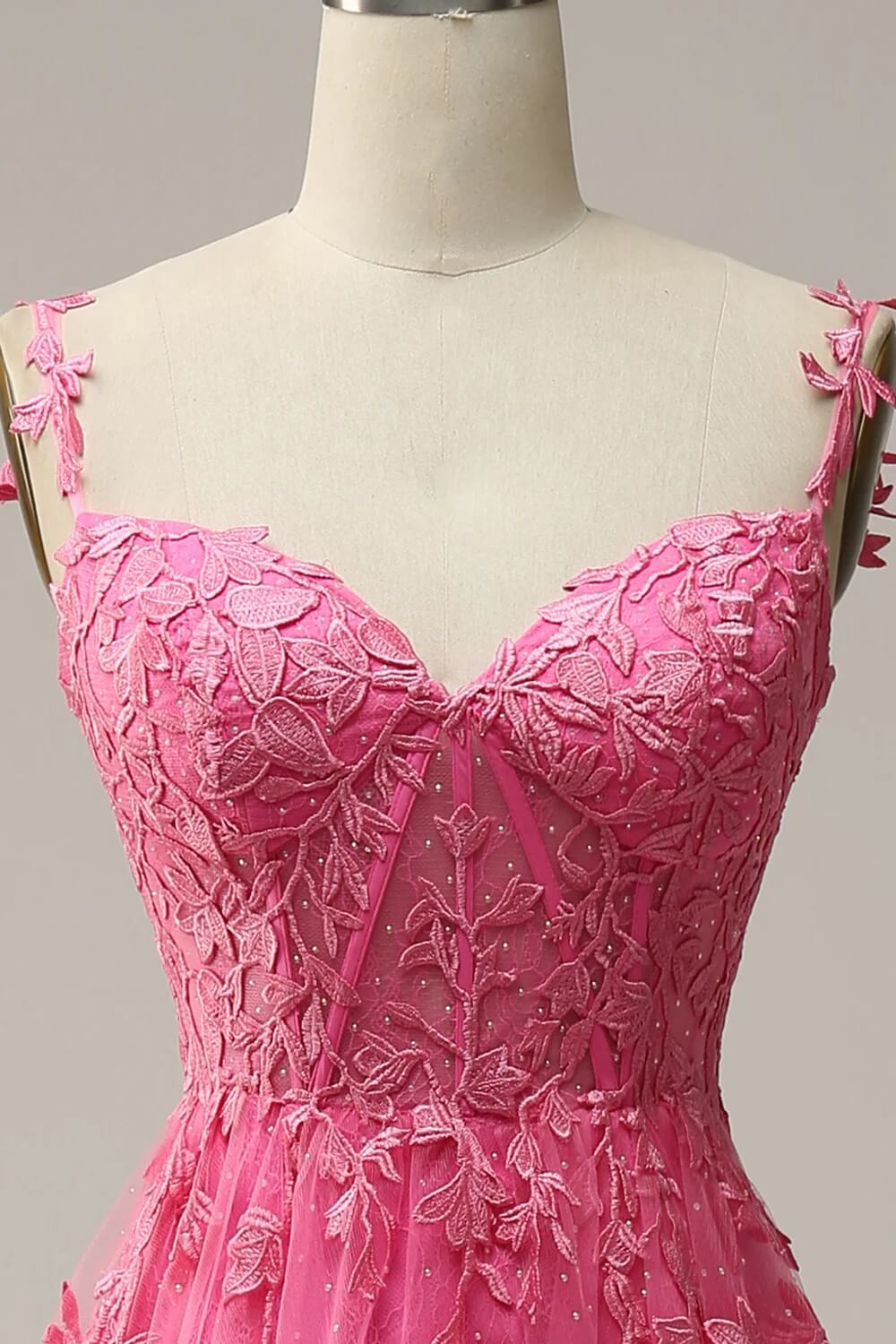 Cheap Hot Pink Lace Corset Prom Dresses A Line Formal Gowns MyChicDress