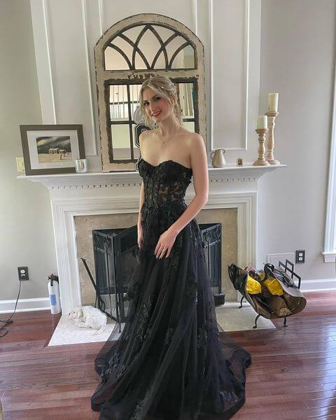 Cheap Lace Black Prom Dresses 2025 Strapless A Line Formal Dress MyChicDress