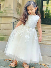 Cheap Lace White Tulle Sleeveless Jewel Flower Girl Dresses MyChicDress