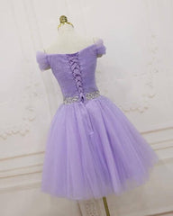 Cheap Lilac Tulle Homecoming Dress Off Shoulder Beaded Short Graduation Dress MyChicDress