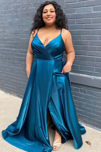 Cheap Long Blue Satin Prom Dress Plus Size Peacock V Neck Formal Dress with Slit MyChicDress