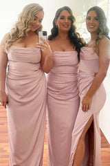 Cheap Long Boho Pink Bridesmaid Dress Satin Sleeveless Cowl Neck with Slit MyChicDress