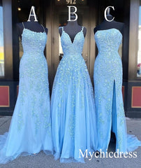 Cheap Long Lace Blue Prom Dresses Applique Mermaid Evening Formal Gowns MyChicDress