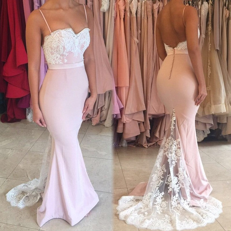 Cheap Mermaid Backless Pink Lace Formal Prom Dresses - MyChicDress