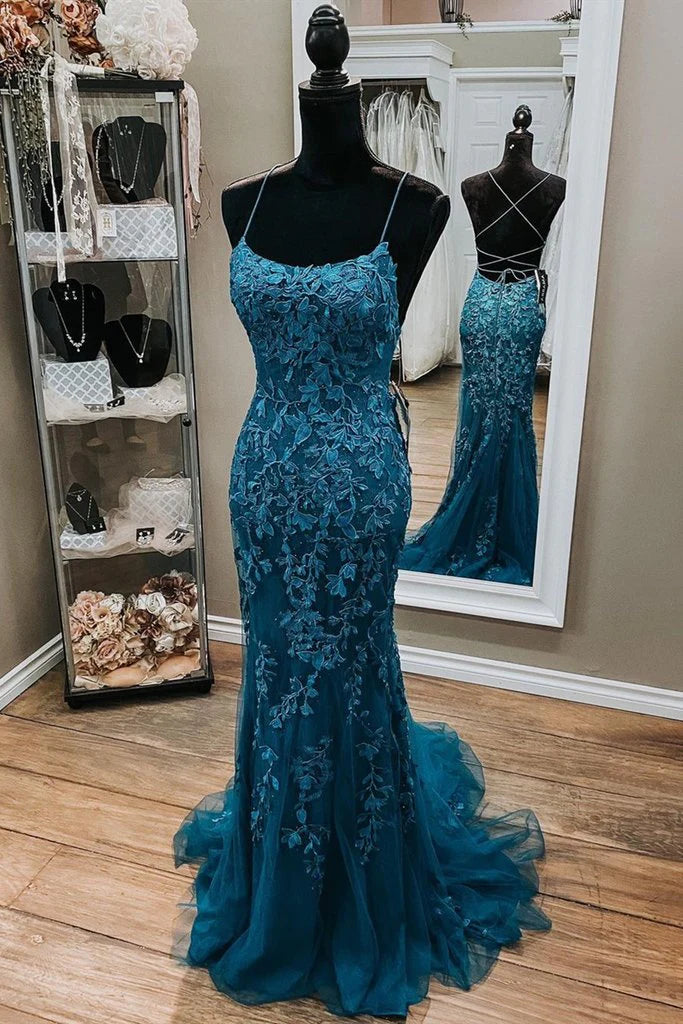 Cheap Mermaid Lace 2025 Prom Dresses Corset Dark Teal Long Formal Dress MyChicDress