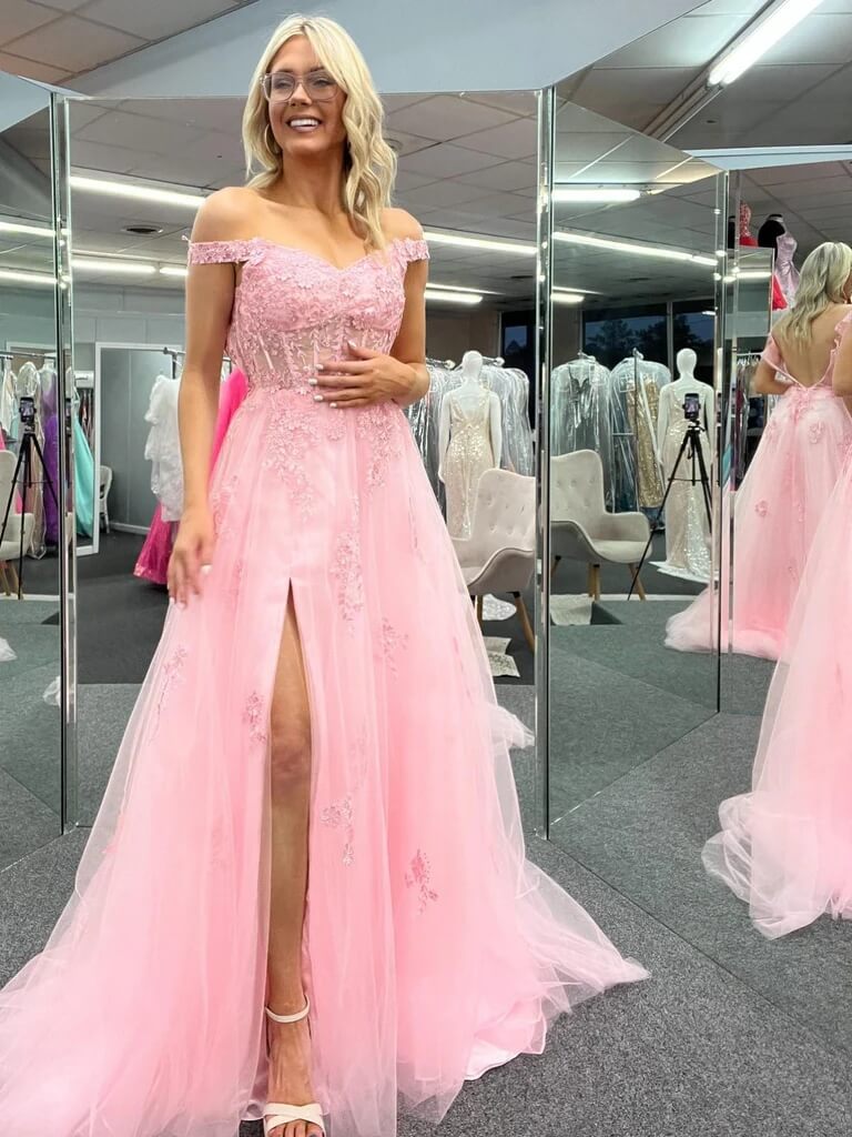 Cheap Off Shoulder 2025 Pink Formal Dresses Lace Long Prom Dresses with High Slit MyChicDress