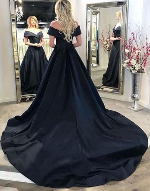 Cheap Off the Shoulder Satin Black Evening Gowns A Line Prom Dresses MyChicDress