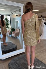 Cheap One Shoulder Short Homecoming Dresses Gold Sequin Hoco Dress MyChicDress