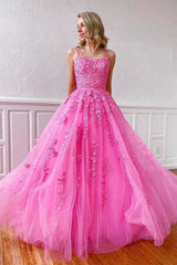 Cheap Pink Tulle Prom Dresses 2025 With Lace Appliques Spaghetti Straps MyChicDress