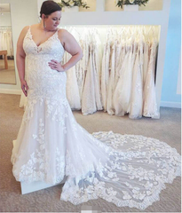 Cheap Plus Size Lace Wedding Dresses Mermaid V Neck Spaghetti Straps Bridal Gown MyChicDress