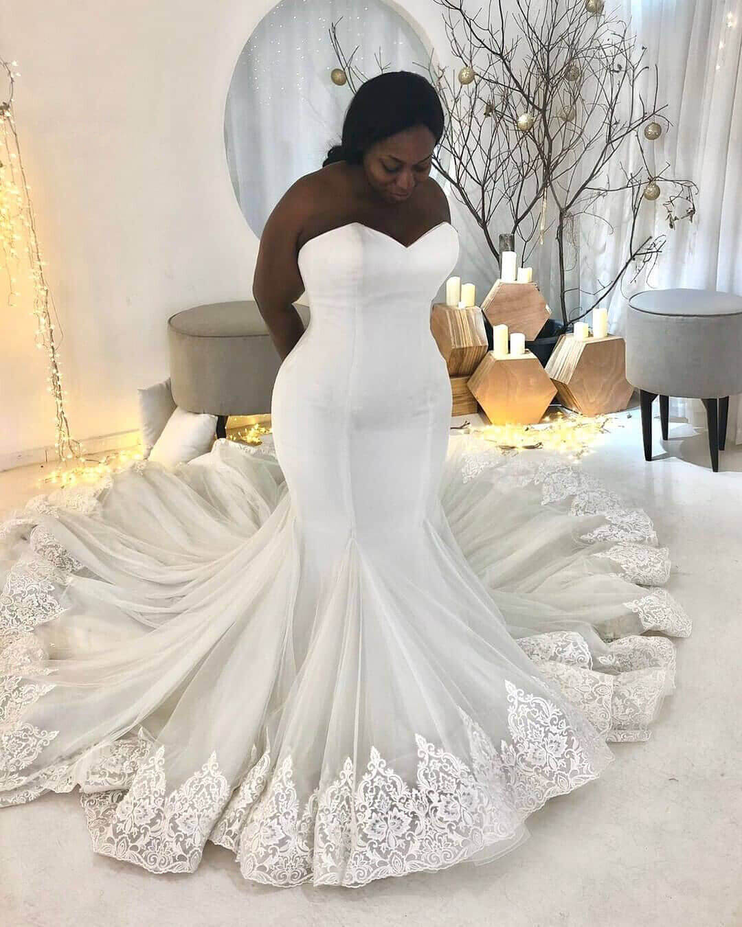 Cheap Plus Size Wedding Dresses Satin Mermaid Lace Appliques Bridal Dress MyChicDress