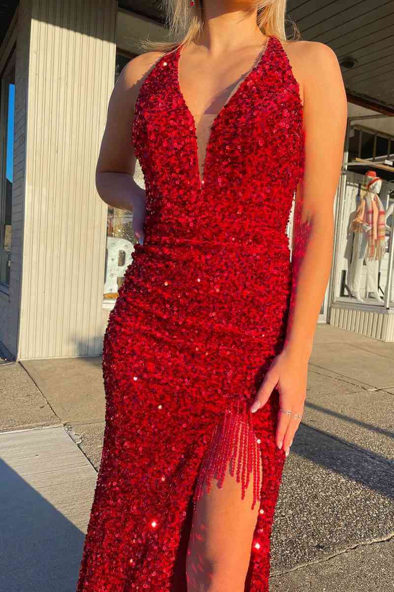 Cheap Red Halter Sequins Prom Dresses Long Formal Gowns with Tassel MyChicDress