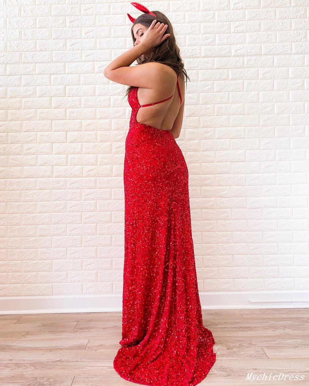 Cheap Red Sequin Prom Dresses 2025 Long Sleeveless Evening Dress MyChicDress