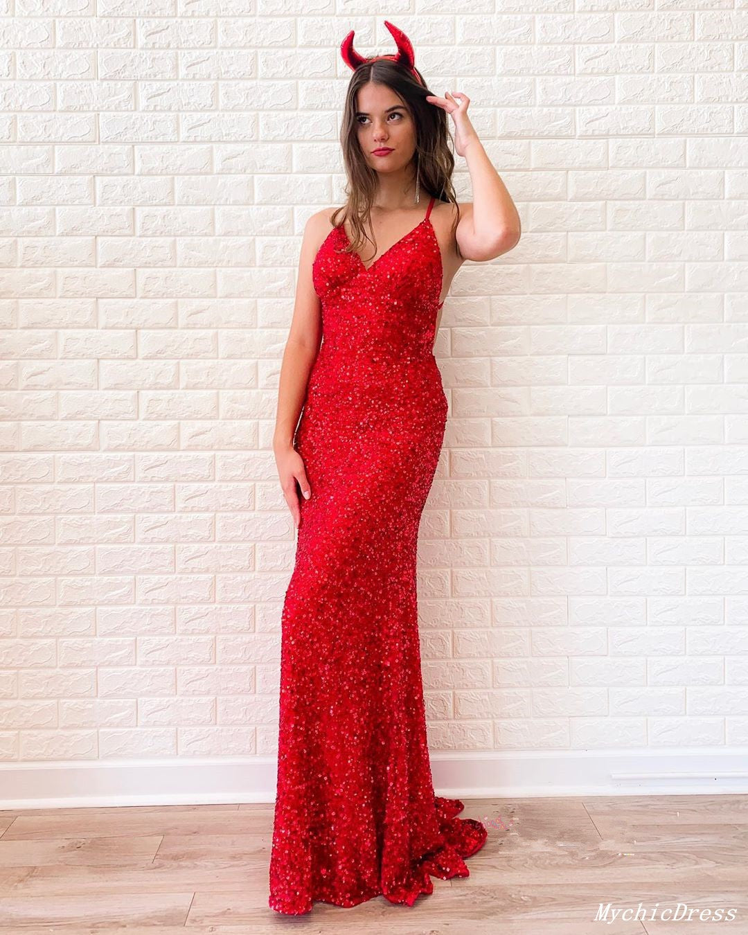 Cheap Red Sequin Prom Dresses 2025 Long Sleeveless Evening Dress MyChicDress