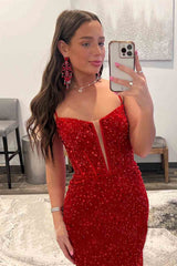 Cheap Red Sequins Mermaid Prom Dresses 2025 Straps Plunging Neck Formal Dress MyChicDress