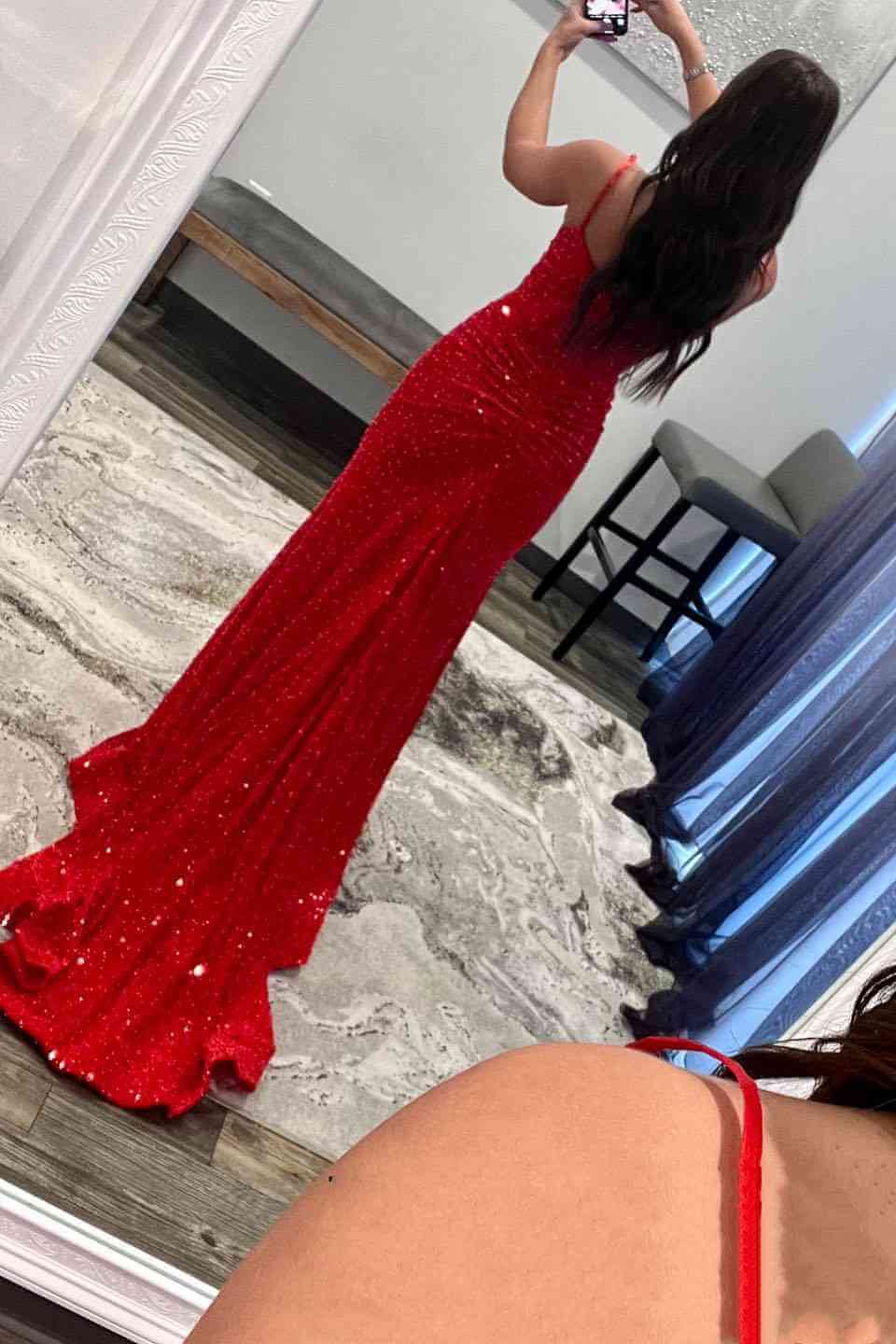 Cheap Red Sequins Mermaid Prom Dresses 2025 Straps Plunging Neck Formal Dress MyChicDress