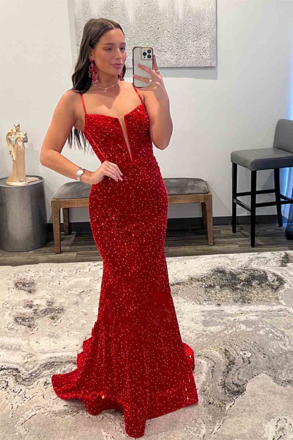 Cheap Red Sequins Mermaid Prom Dresses 2025 Straps Plunging Neck Formal Dress MyChicDress