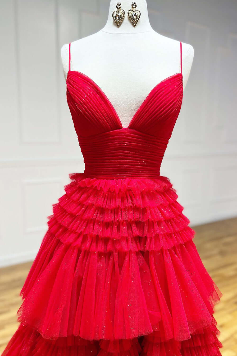 Cheap Red Tulle Prom Dresses 2025 V Neck Spaghetti Straps Long Formal Dresses MyChicDress