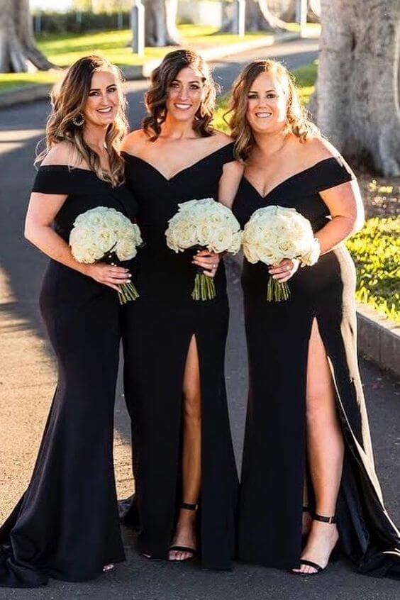 Cheap Satin Black Bridesmaid Dresses Off Shoulder Mermaid Long Dress with Slit MyChicDress