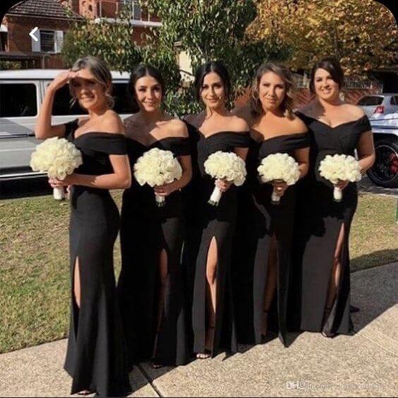 Cheap Satin Black Bridesmaid Dresses Off Shoulder Mermaid Long Dress with Slit MyChicDress