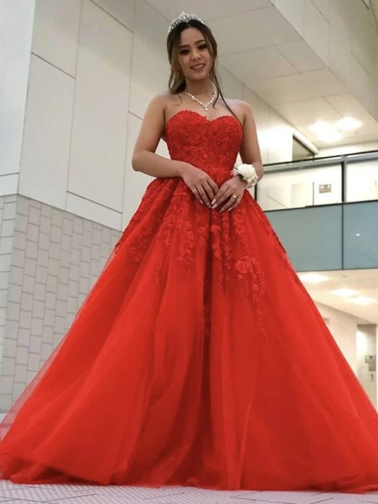 Cheap Sweetheart Red Lace PromDresses 2025 Long Formal Evening Dresses UK MyChicDress