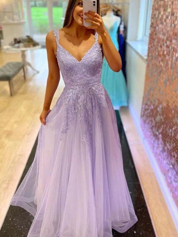 Cheap V Neck Lilac Lace Formal Dresses A Line Purple Long Prom Dresses MyChicDress