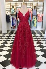 Cheap V Neck Red Prom Dresses A-Line Appliqued Long Lace Evening Dress MyChicDress