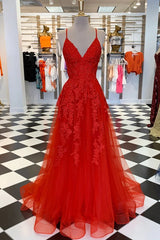 Cheap V Neck Red Prom Dresses A-Line Appliqued Long Lace Evening Dress MyChicDress