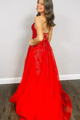 Cheap V Neck Red Prom Dresses A-Line Appliqued Long Lace Evening Dress MyChicDress