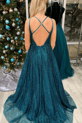 Barato A-Line Teal Prom Vestido 2025 Longo Alças Espaguete Glitter Vestido Formal