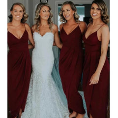 Simple Chiffon V Neck Spaghetti Strap Burgundy Bridesmaid Dresses