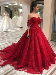 Cheap 20224 Off The Shoulder Lace Prom Dresses Red Long Party Dresses Chapel Train