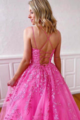 Cheap Pink Tulle Prom Dresses 2025 With Lace Appliques Spaghetti Straps