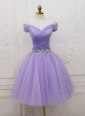 2024 Cheap Lilac Tulle Homecoming Dress Off Shoulder Beaded Short Graduation Dress