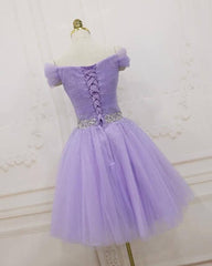 2024 Cheap Lilac Tulle Homecoming Dress Off Shoulder Beaded Short Graduation Dress
