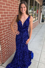 Cheap Royal Blue V-Neck Sequins Prom Dresses 2025 Long Mermaid Evening Dress