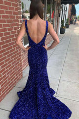 Cheap Royal Blue V-Neck Sequins Prom Dresses 2025 Long Mermaid Evening Dress