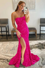 Cheap 2025 Sequin Mermaid Fuchsia Formal Dress Magenta Long Prom Dresses