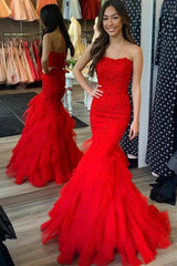 Cheap Strapless Ruffle Red Lace Prom Dresses Mermaid Tulle Long Formal Dress